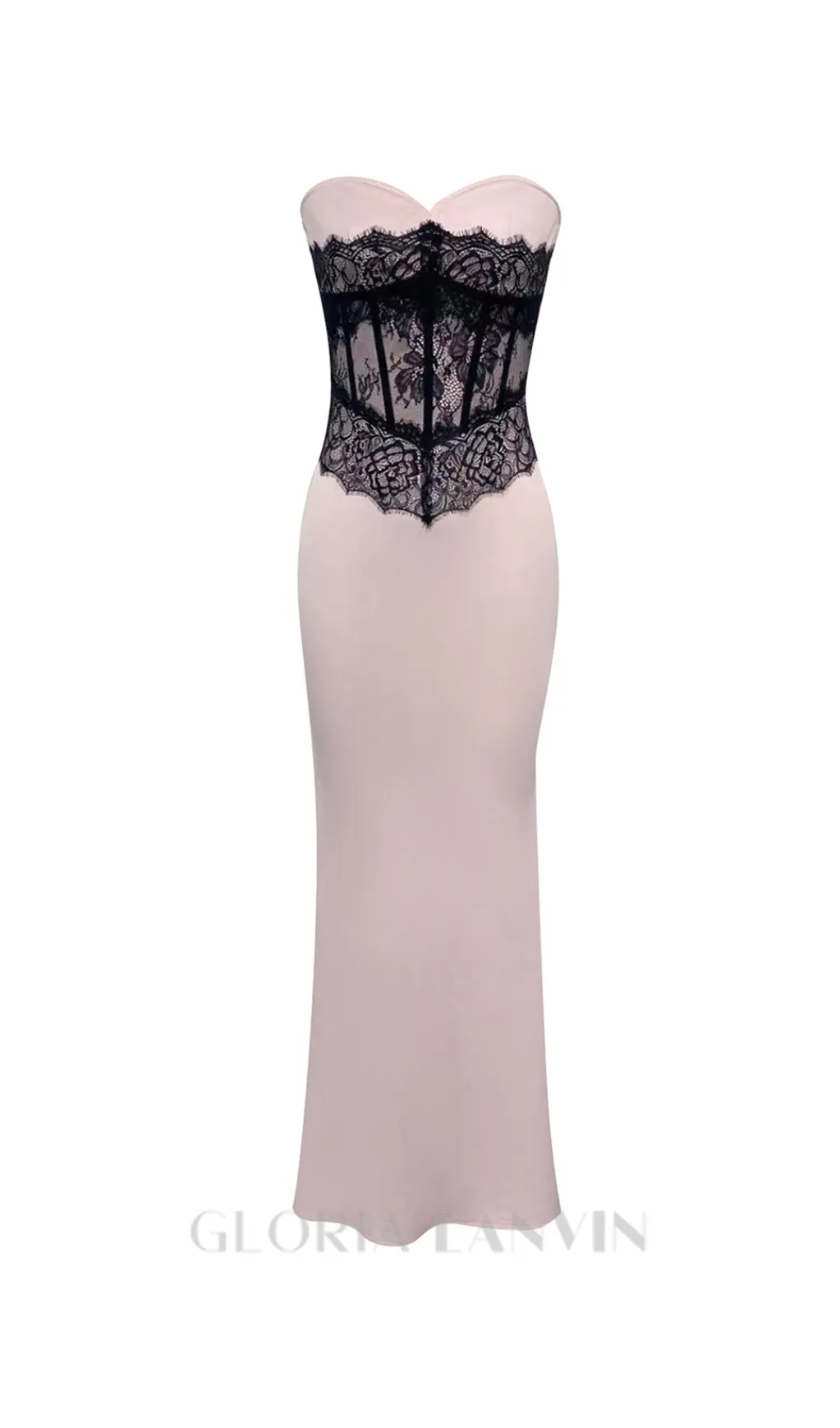 Strapless black Lace Corset Maxi Dress in pink Gloria Lanvin