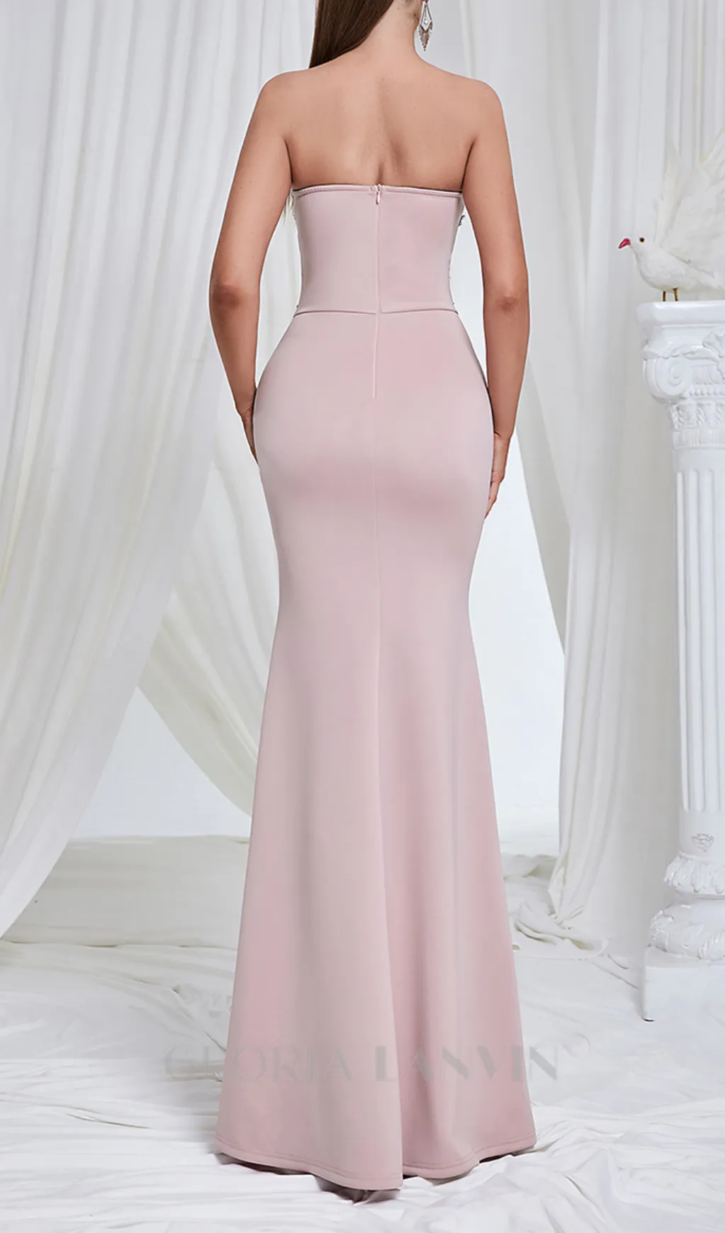 Strapless black Lace Corset Maxi Dress in pink Gloria Lanvin