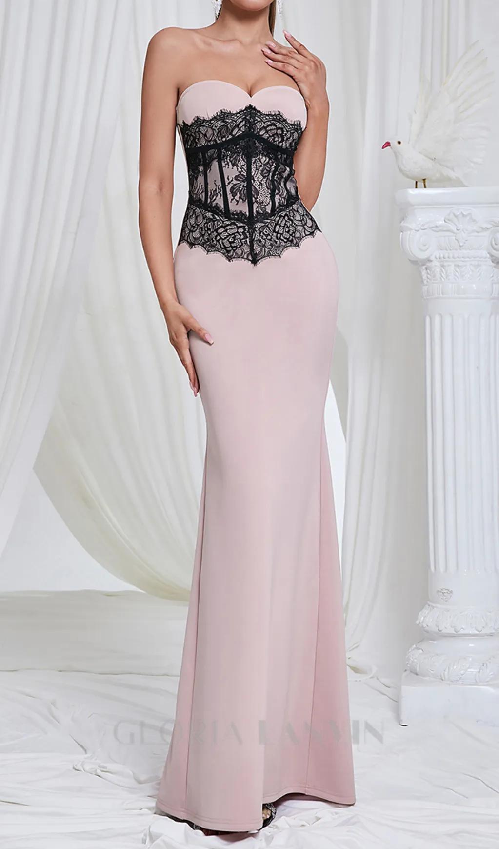 Strapless black Lace Corset Maxi Dress in pink Gloria Lanvin