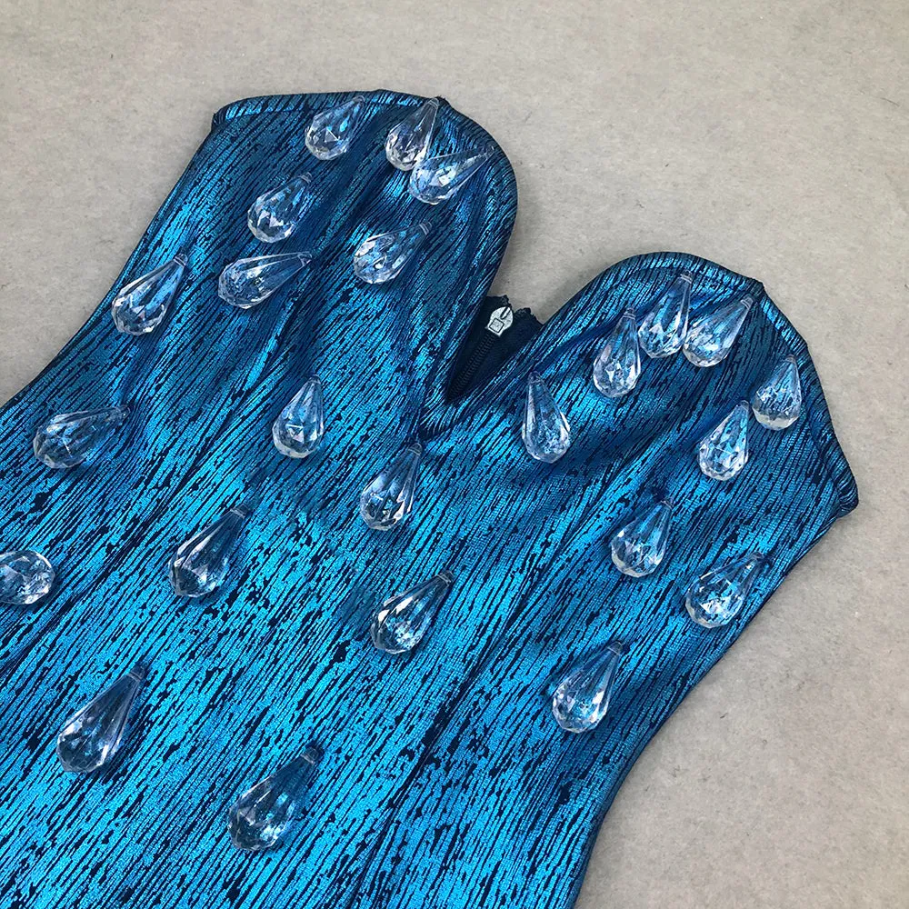 STRAPLESS CRYSTAL WOODGRAIN FOIL PRINT MAXI DRESS BLUE Gloria Lanvin
