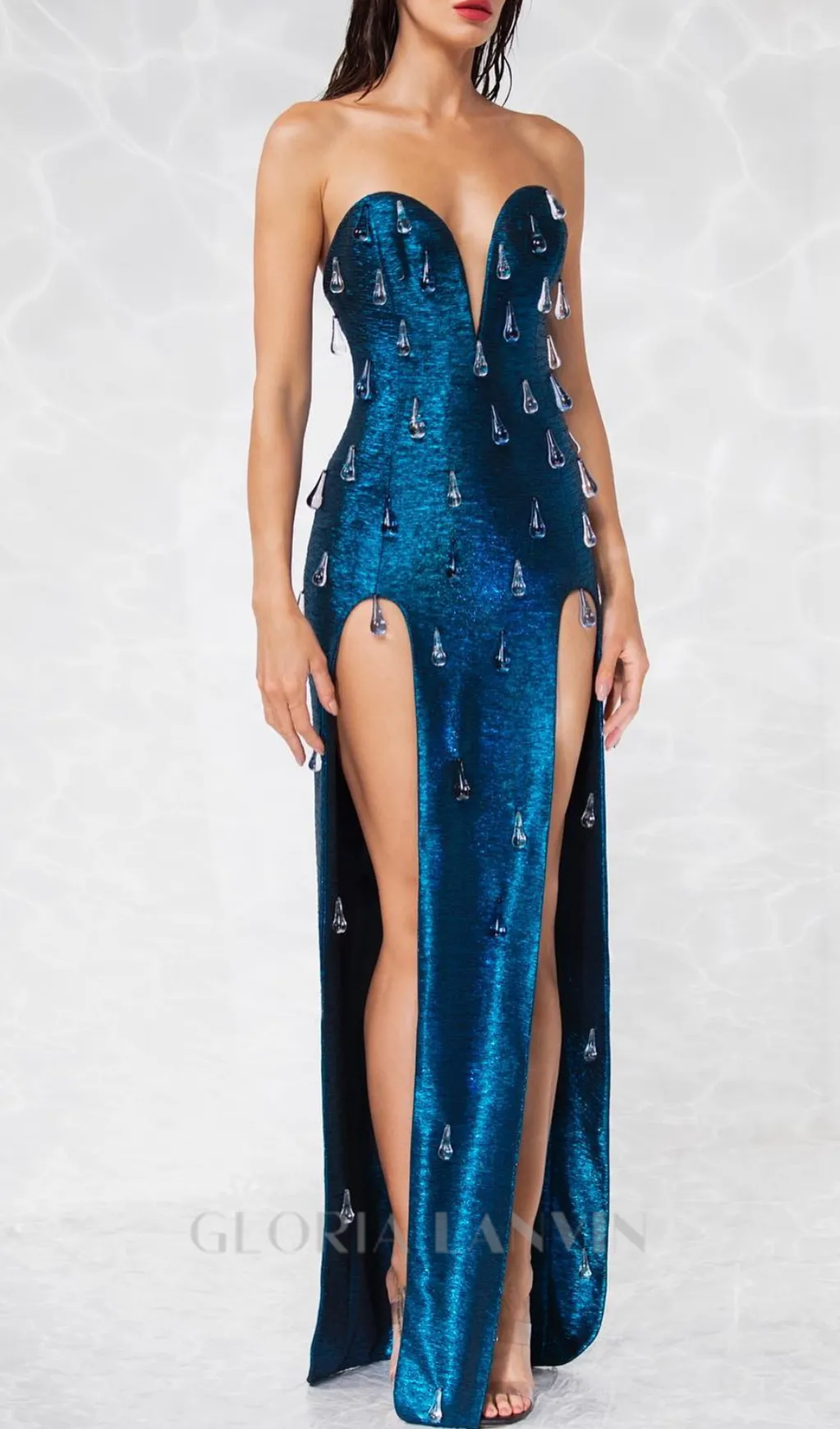 STRAPLESS CRYSTAL WOODGRAIN FOIL PRINT MAXI DRESS BLUE Gloria Lanvin