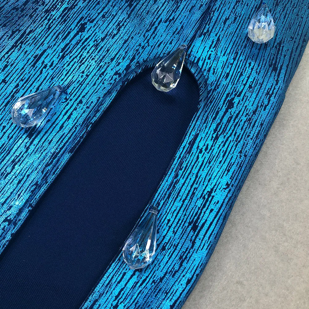STRAPLESS CRYSTAL WOODGRAIN FOIL PRINT MAXI DRESS BLUE Gloria Lanvin