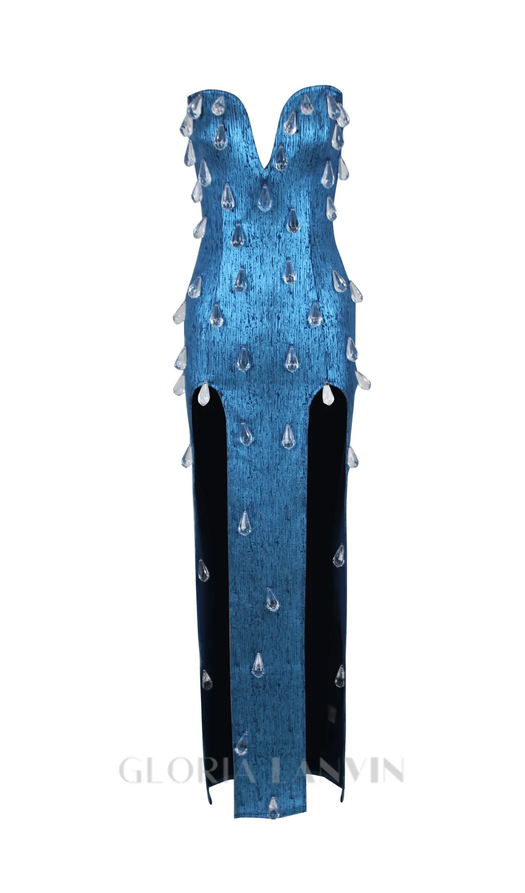 STRAPLESS CRYSTAL WOODGRAIN FOIL PRINT MAXI DRESS BLUE Gloria Lanvin