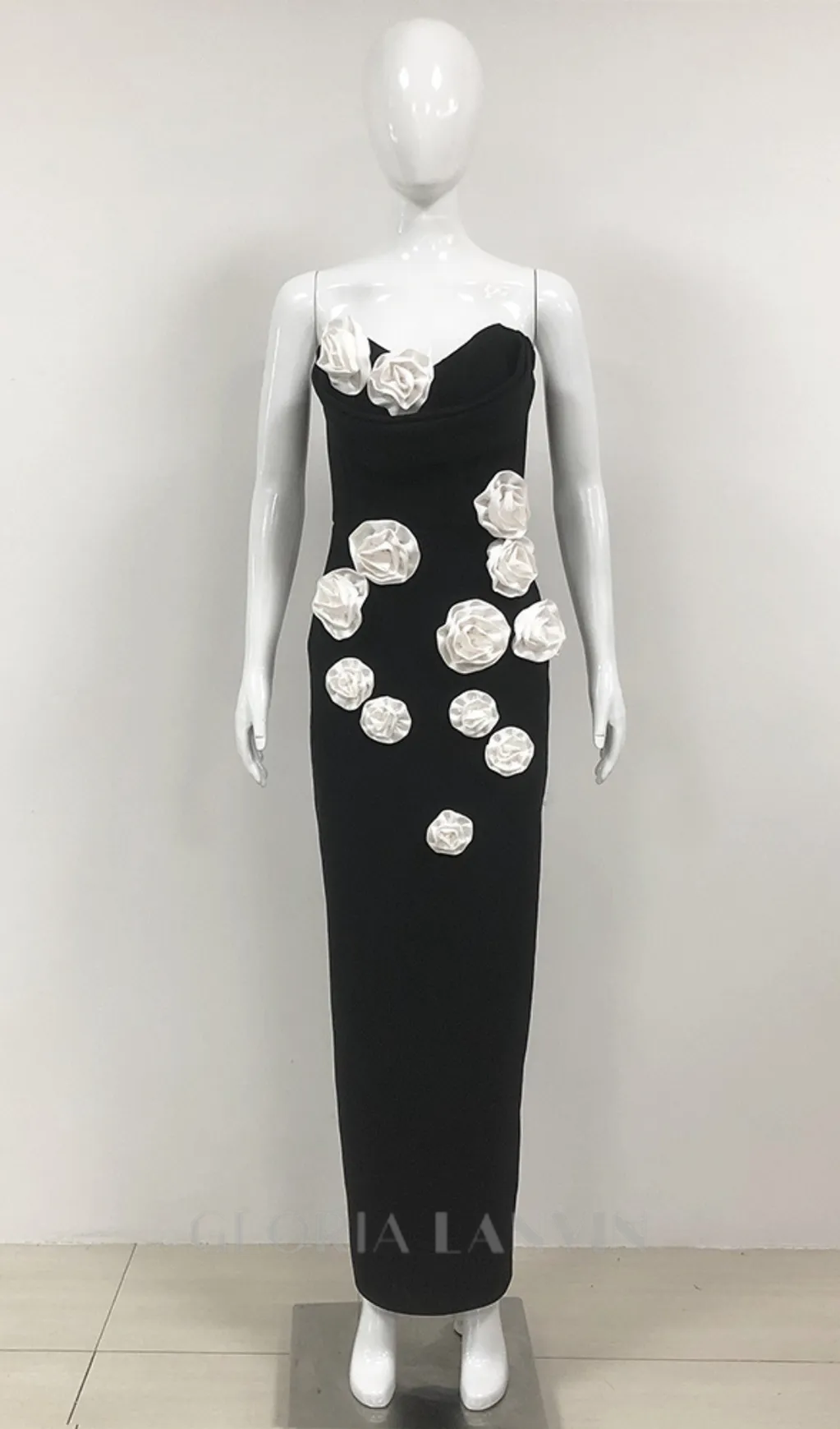 STRAPLESS FLORAL CORSET MAXI DRESS IN BLACK Gloria Lanvin