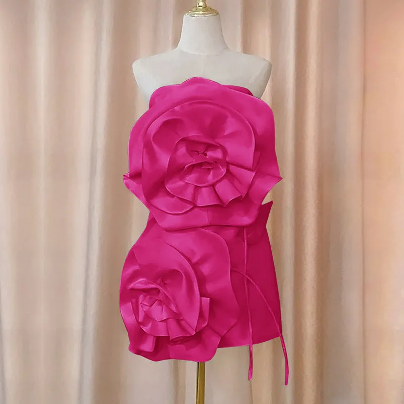 STRAPLESS FLOWER MINI DRESS IN HOT PINK Gloria Lanvin