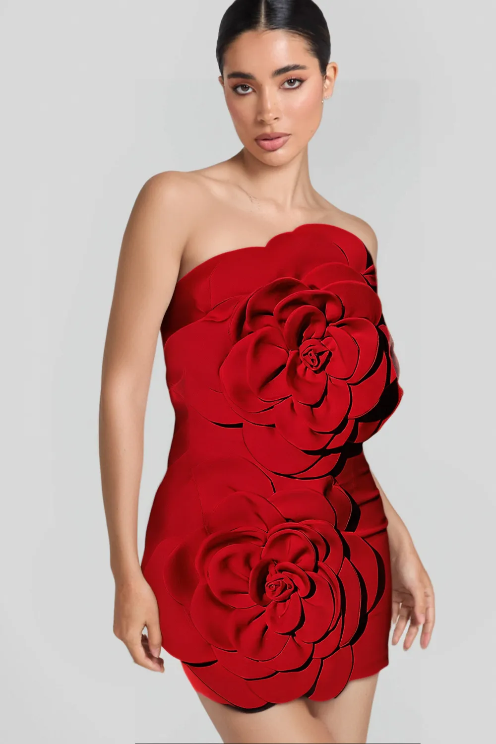 STRAPLESS FLOWER MINI DRESS IN RED Gloria Lanvin