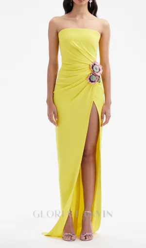 STRAPLESS FLOWER RUCHED MIDI DRESS IN YELLOW Gloria Lanvin