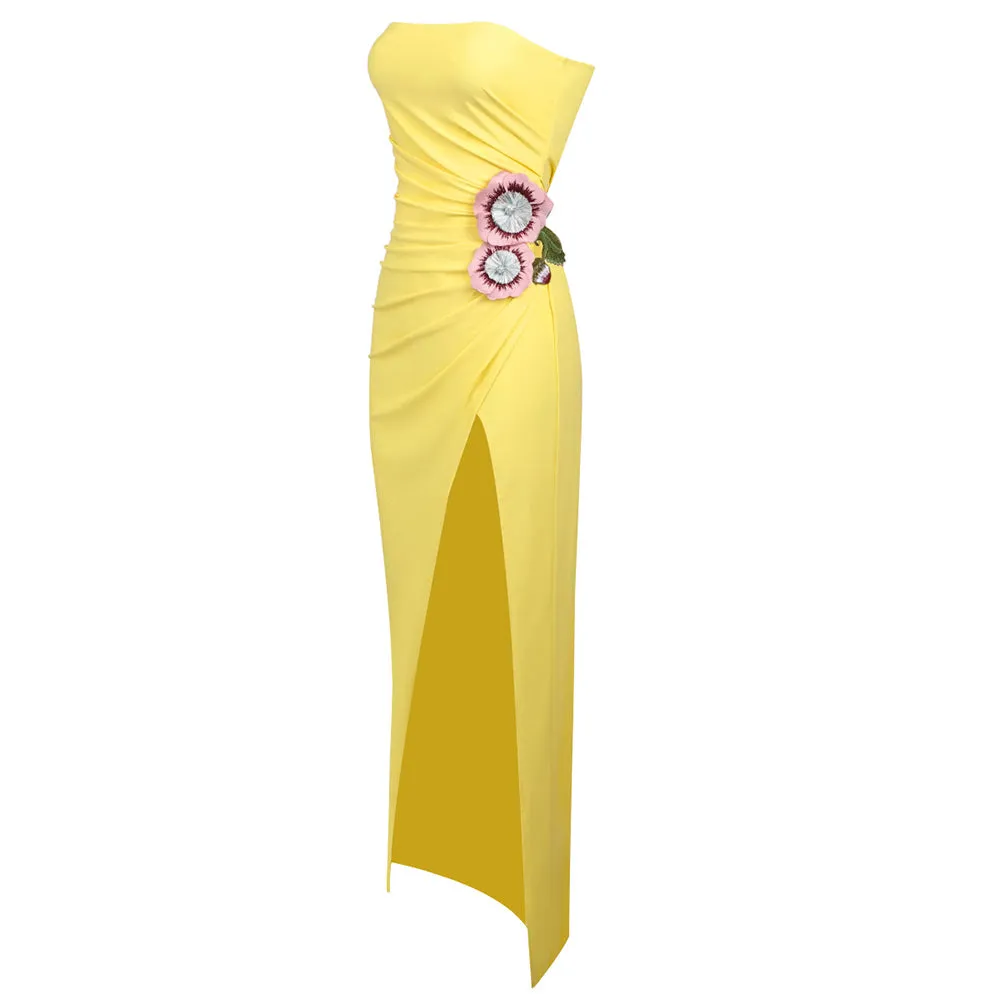 STRAPLESS FLOWER RUCHED MIDI DRESS IN YELLOW Gloria Lanvin