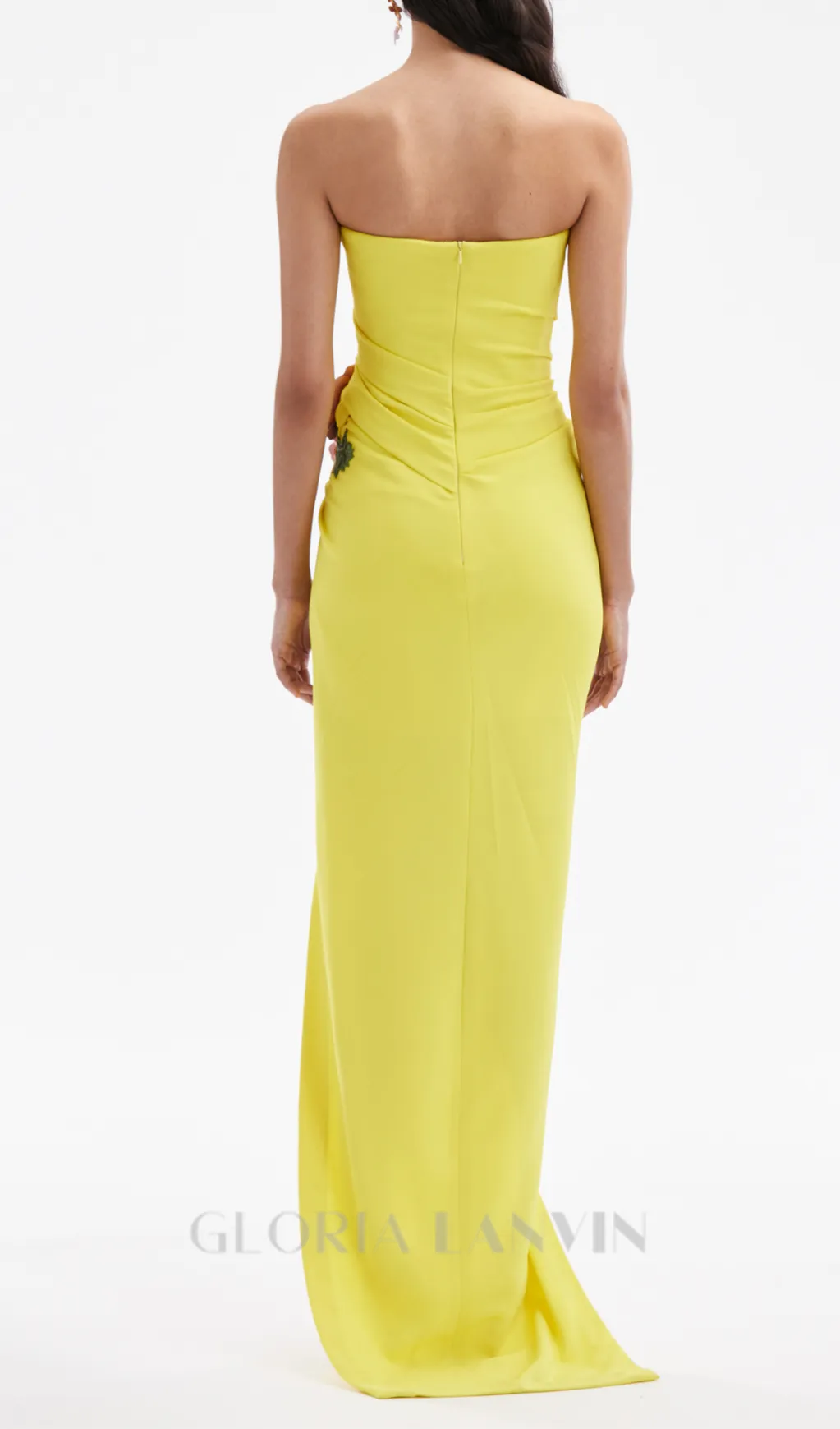STRAPLESS FLOWER RUCHED MIDI DRESS IN YELLOW Gloria Lanvin