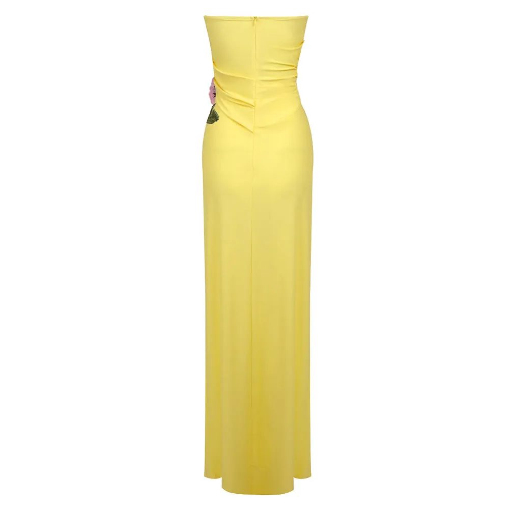 STRAPLESS FLOWER RUCHED MIDI DRESS IN YELLOW Gloria Lanvin