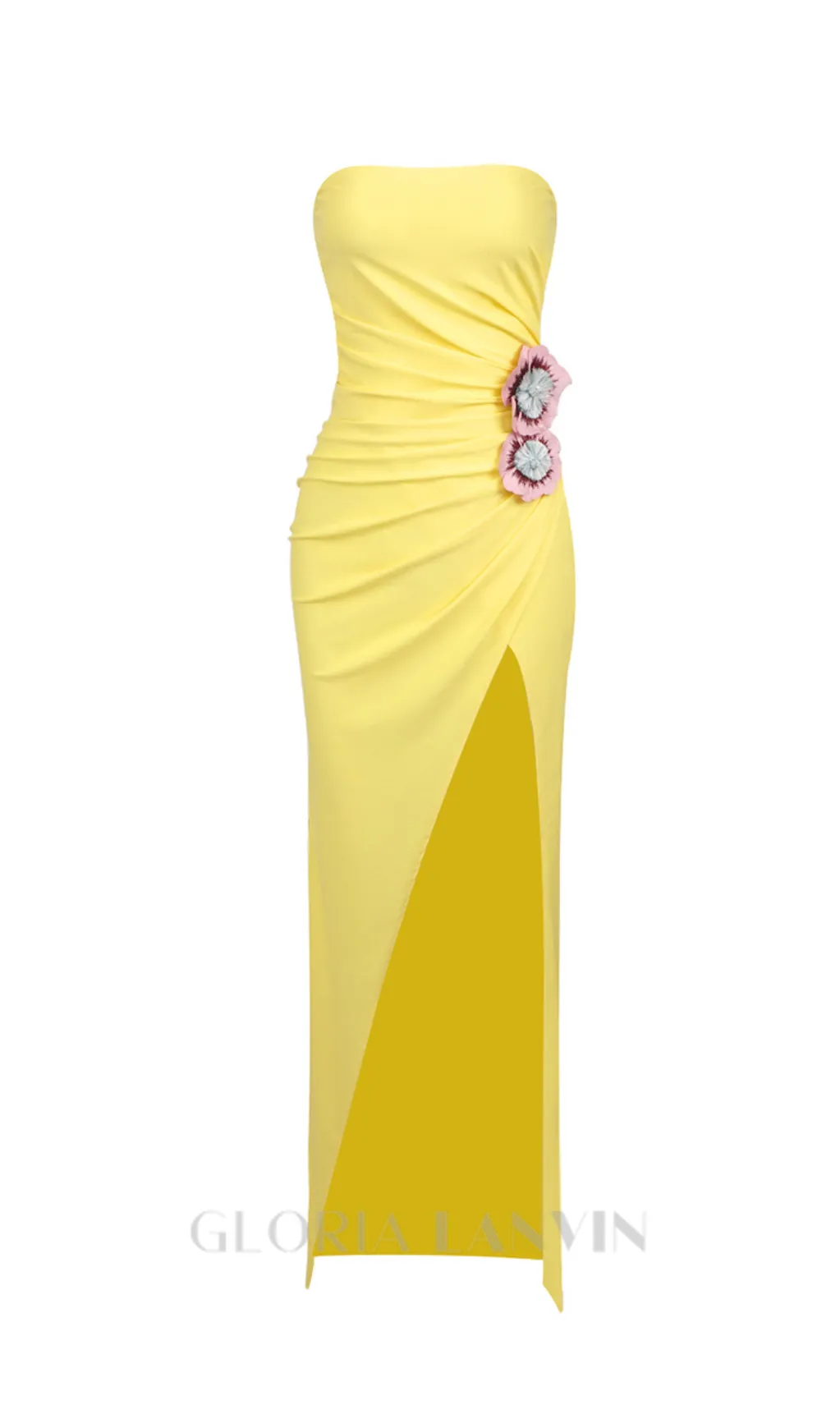 STRAPLESS FLOWER RUCHED MIDI DRESS IN YELLOW Gloria Lanvin