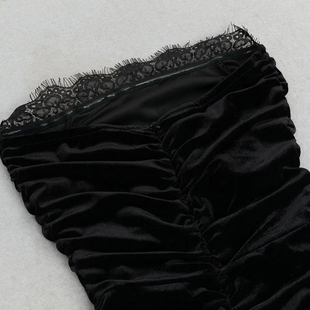 STRAPLESS LACE RUCHED MAXI VELVET DRESS Gloria Lanvin