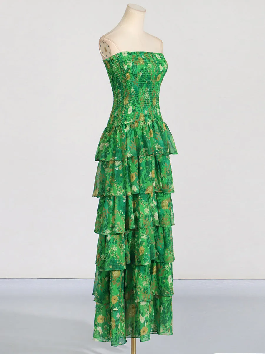 STRAPLESS LAYERED BANDEAU FLORAL PRINT MAXI DRESS IN GREEN Gloria Lanvin