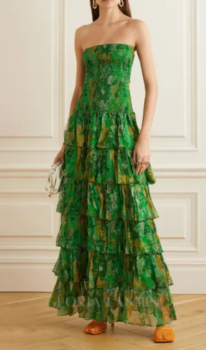 STRAPLESS LAYERED BANDEAU FLORAL PRINT MAXI DRESS IN GREEN Gloria Lanvin