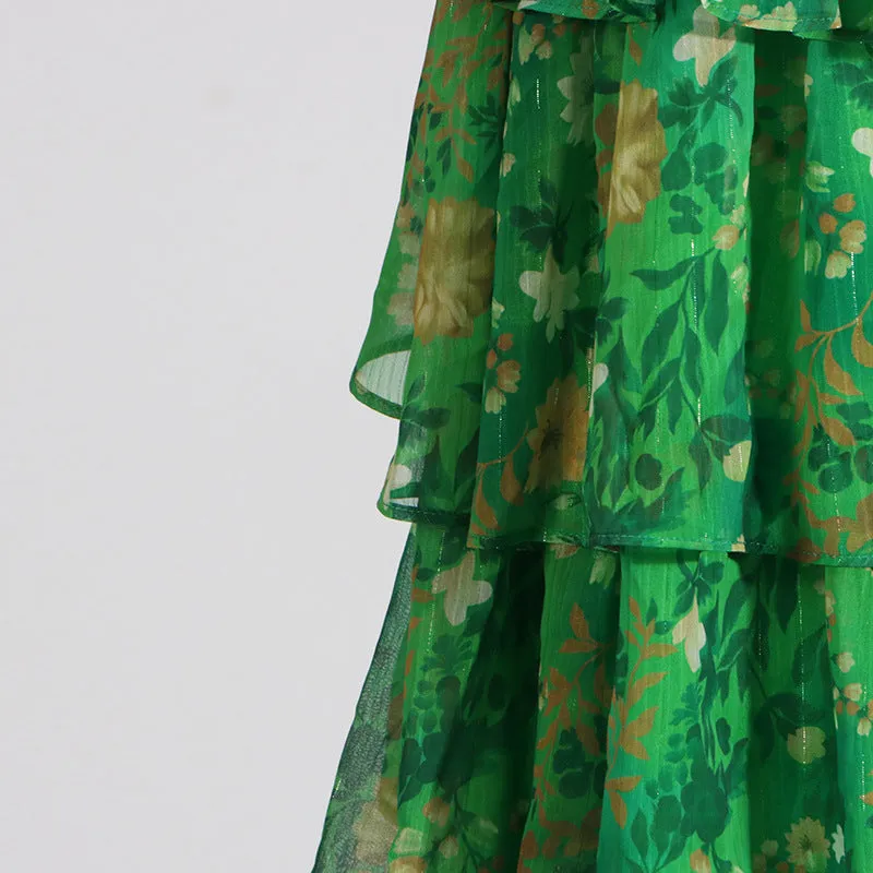 STRAPLESS LAYERED BANDEAU FLORAL PRINT MAXI DRESS IN GREEN Gloria Lanvin