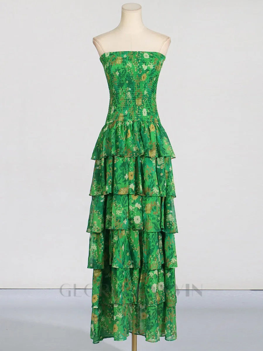 STRAPLESS LAYERED BANDEAU FLORAL PRINT MAXI DRESS IN GREEN Gloria Lanvin