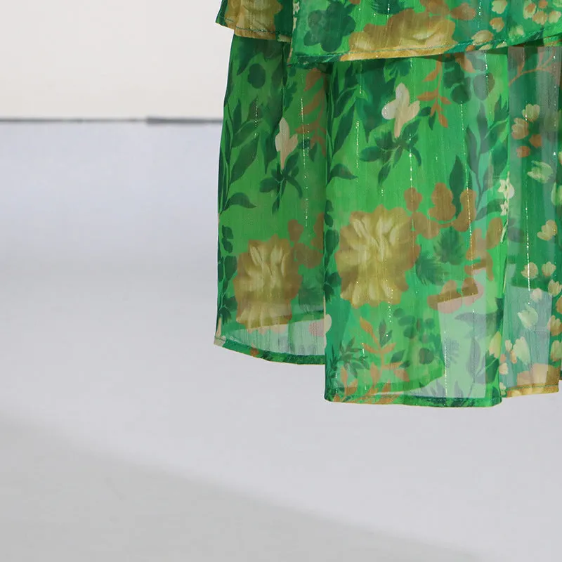 STRAPLESS LAYERED BANDEAU FLORAL PRINT MAXI DRESS IN GREEN Gloria Lanvin