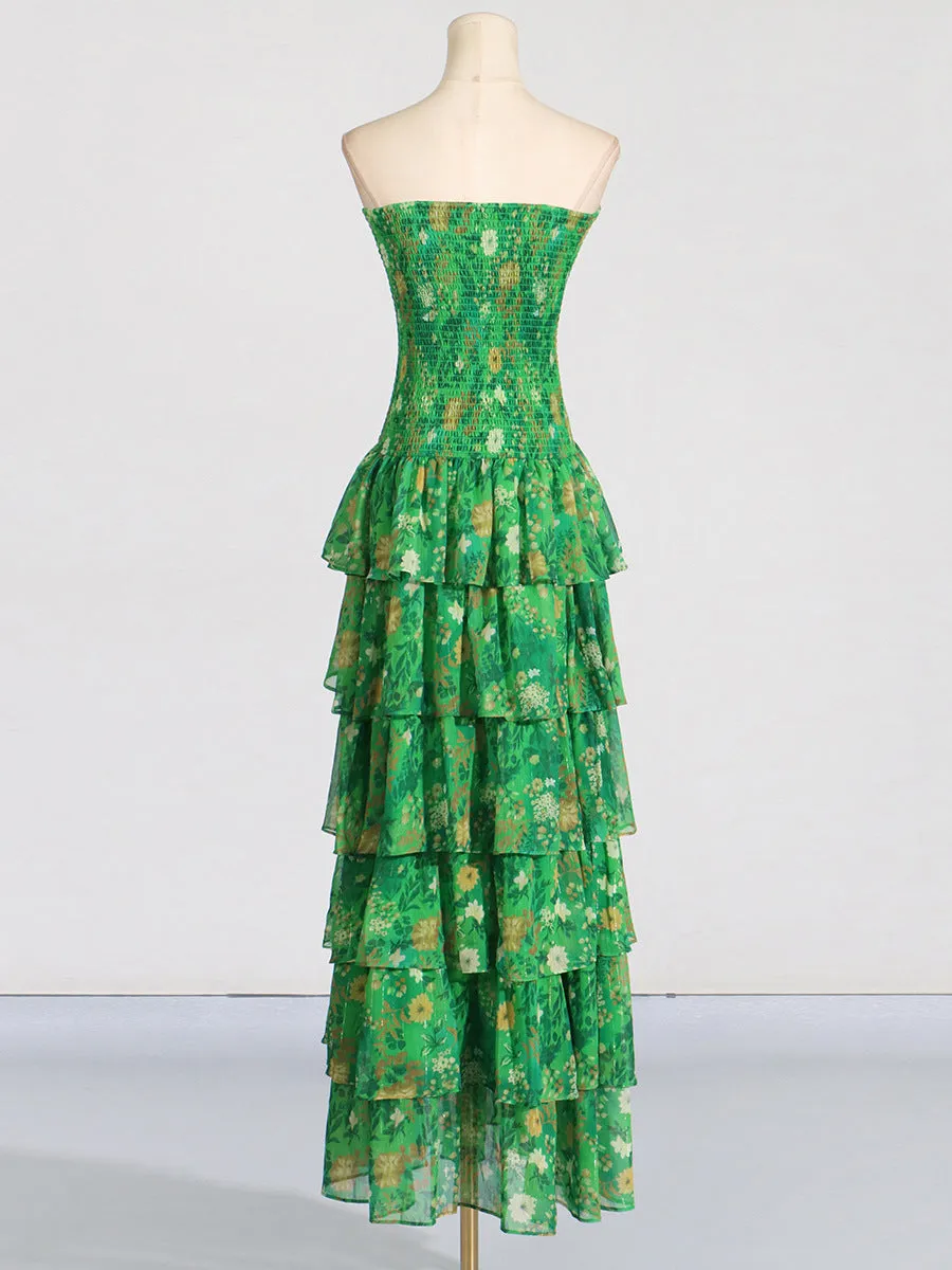 STRAPLESS LAYERED BANDEAU FLORAL PRINT MAXI DRESS IN GREEN Gloria Lanvin