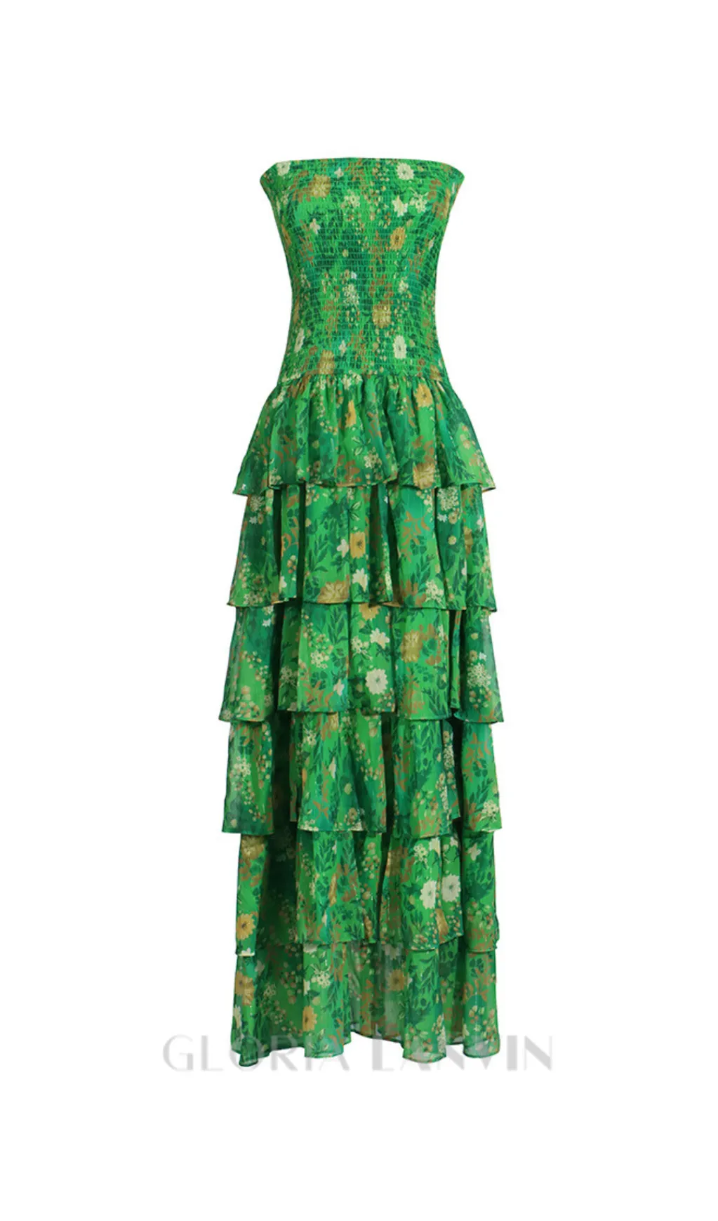 STRAPLESS LAYERED BANDEAU FLORAL PRINT MAXI DRESS IN GREEN Gloria Lanvin