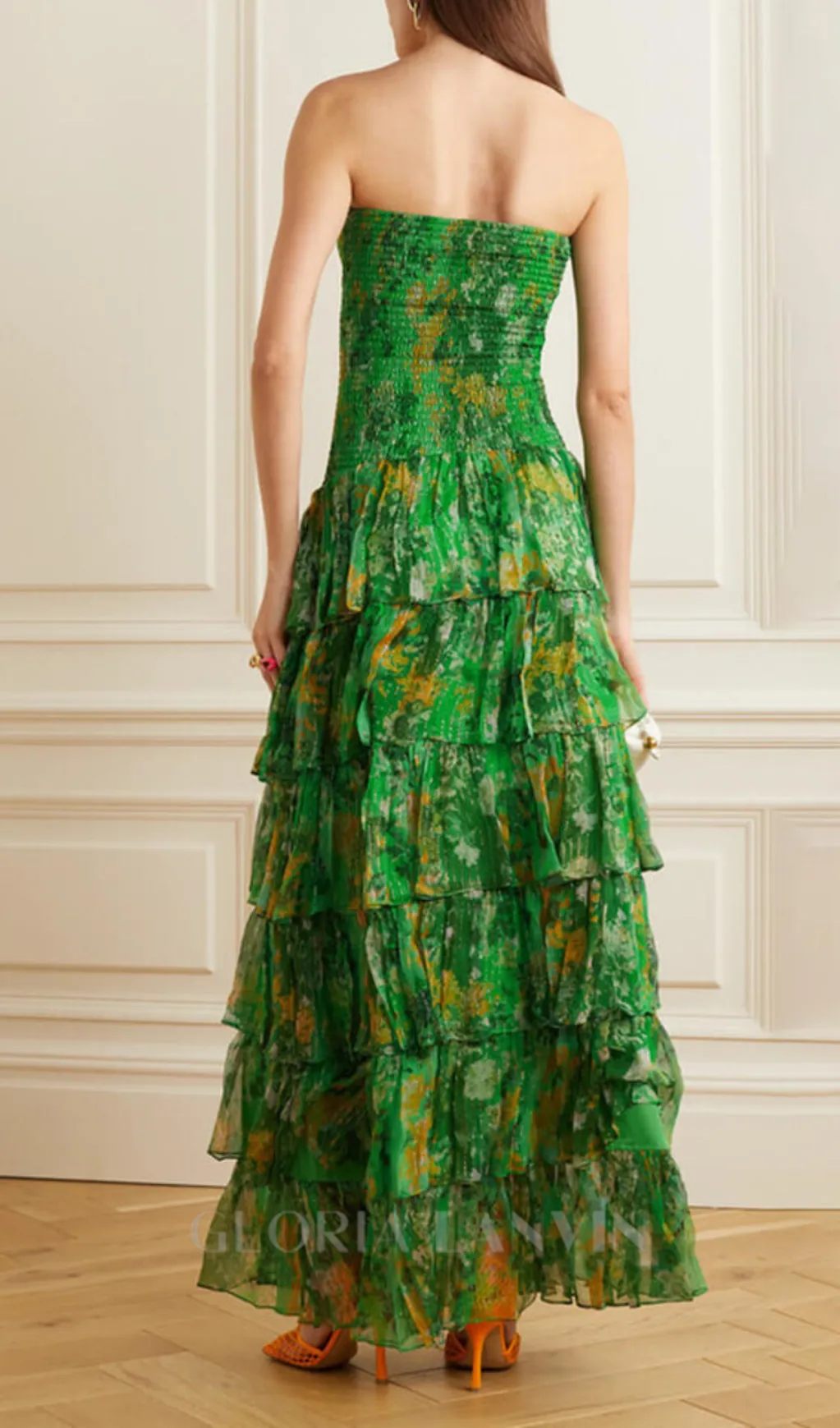 STRAPLESS LAYERED BANDEAU FLORAL PRINT MAXI DRESS IN GREEN Gloria Lanvin
