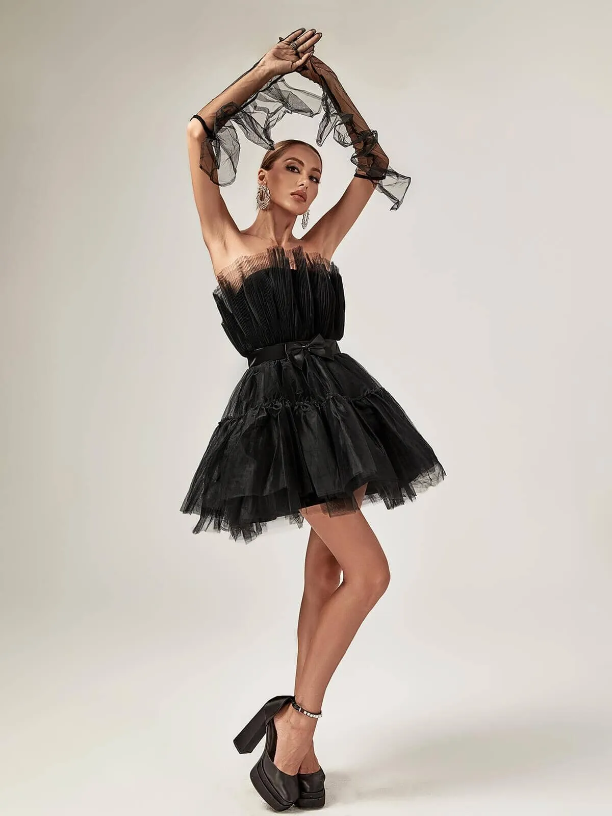 STRAPLESS MESH MINI DRESS IN BLACK Gloria Lanvin