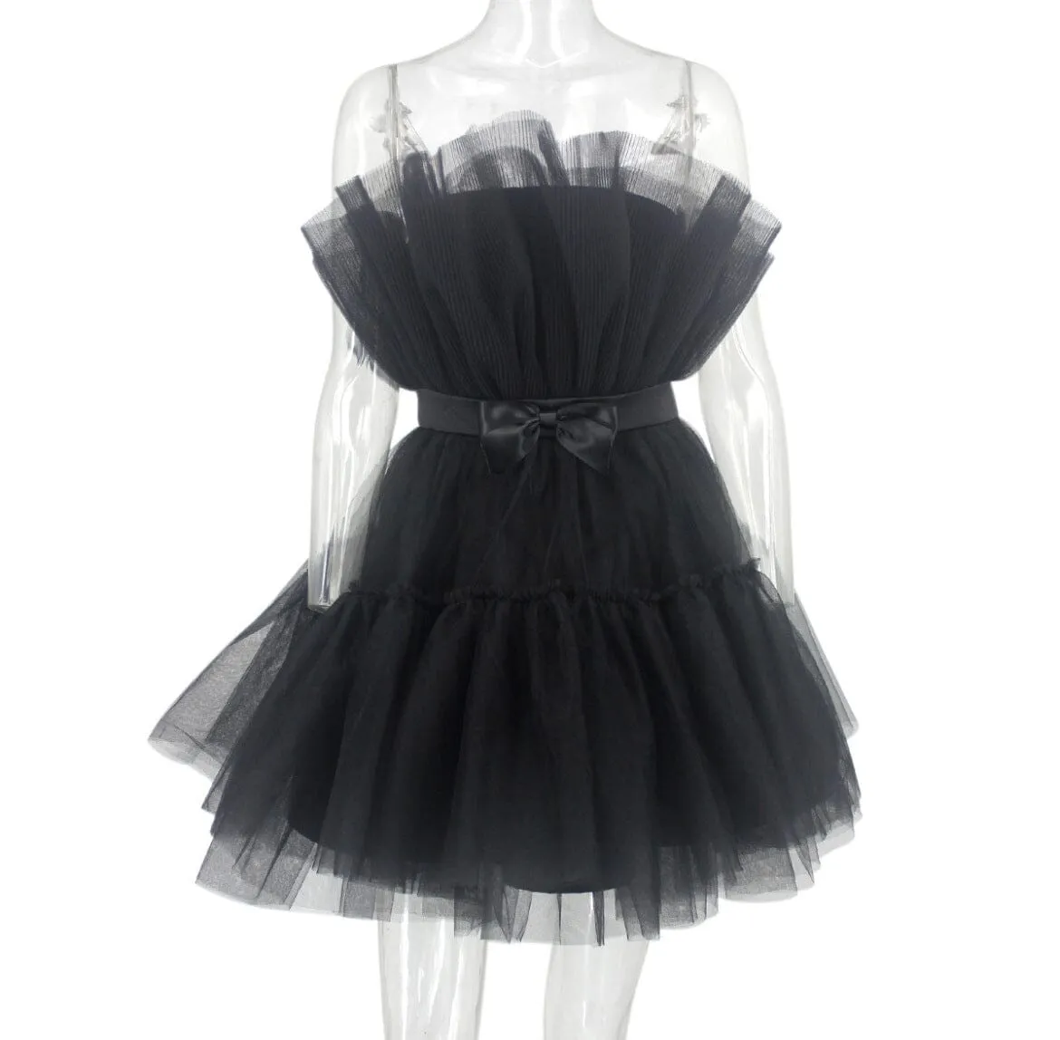 STRAPLESS MESH MINI DRESS IN BLACK Gloria Lanvin