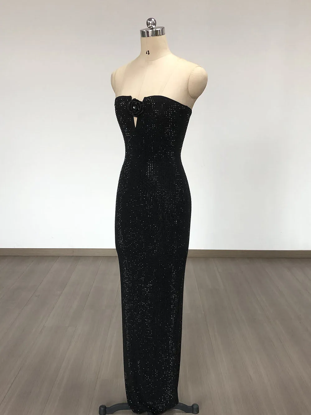 Strapless Rhinestone rose maxi dress in black Gloria Lanvin