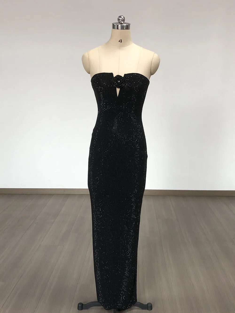 Strapless Rhinestone rose maxi dress in black Gloria Lanvin