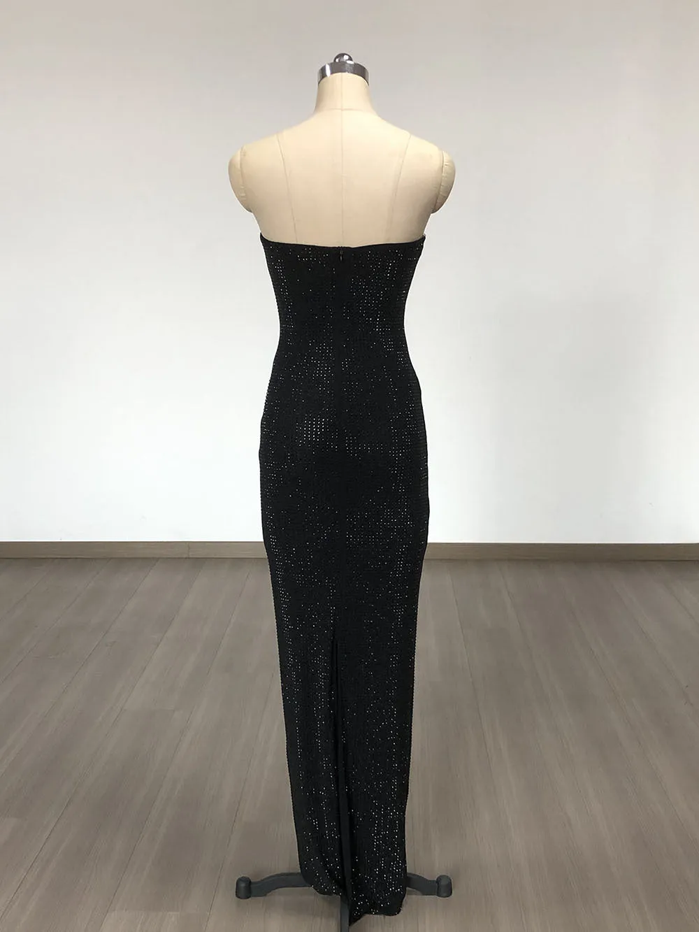 Strapless Rhinestone rose maxi dress in black Gloria Lanvin