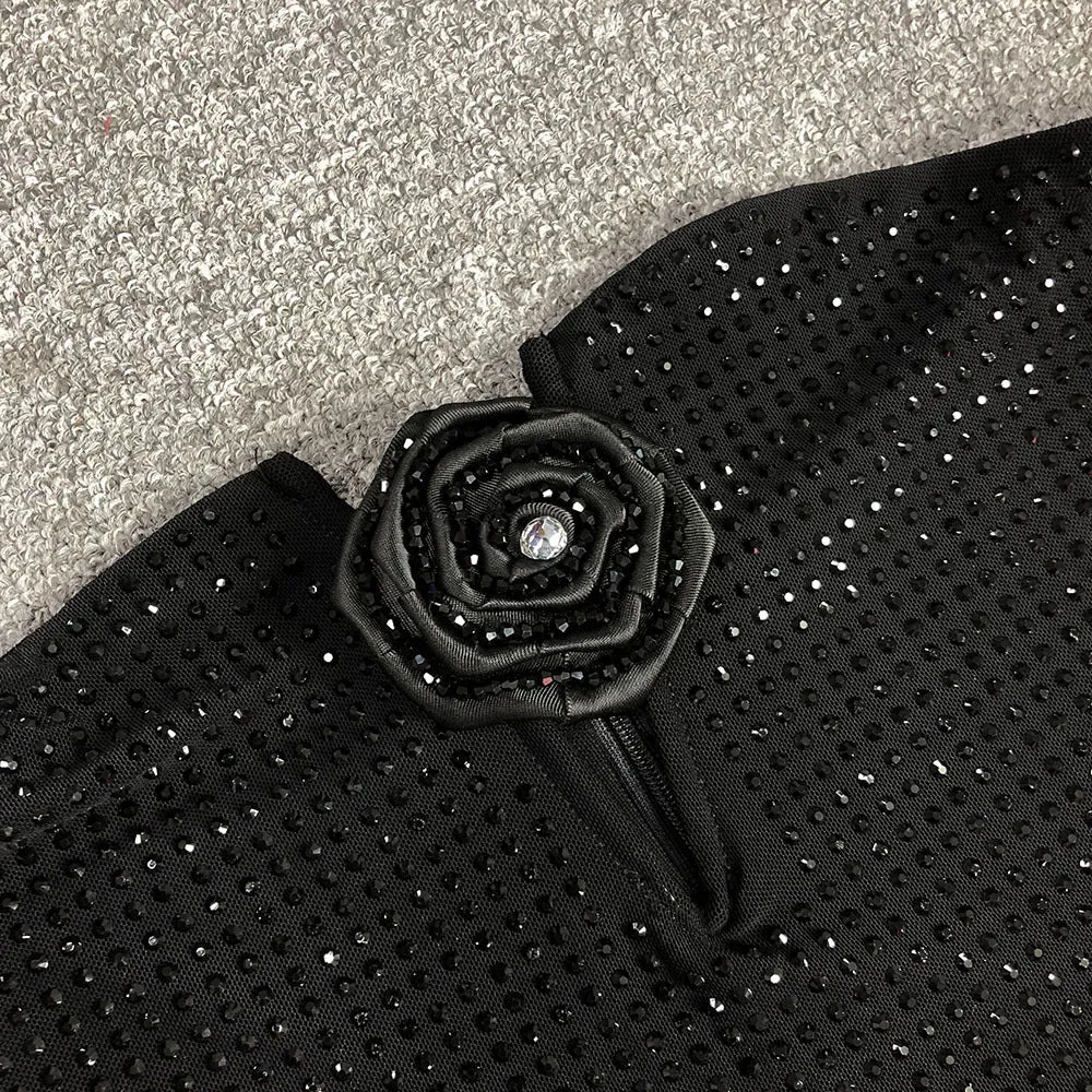 Strapless Rhinestone rose maxi dress in black Gloria Lanvin