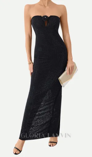 Strapless Rhinestone rose maxi dress in black Gloria Lanvin
