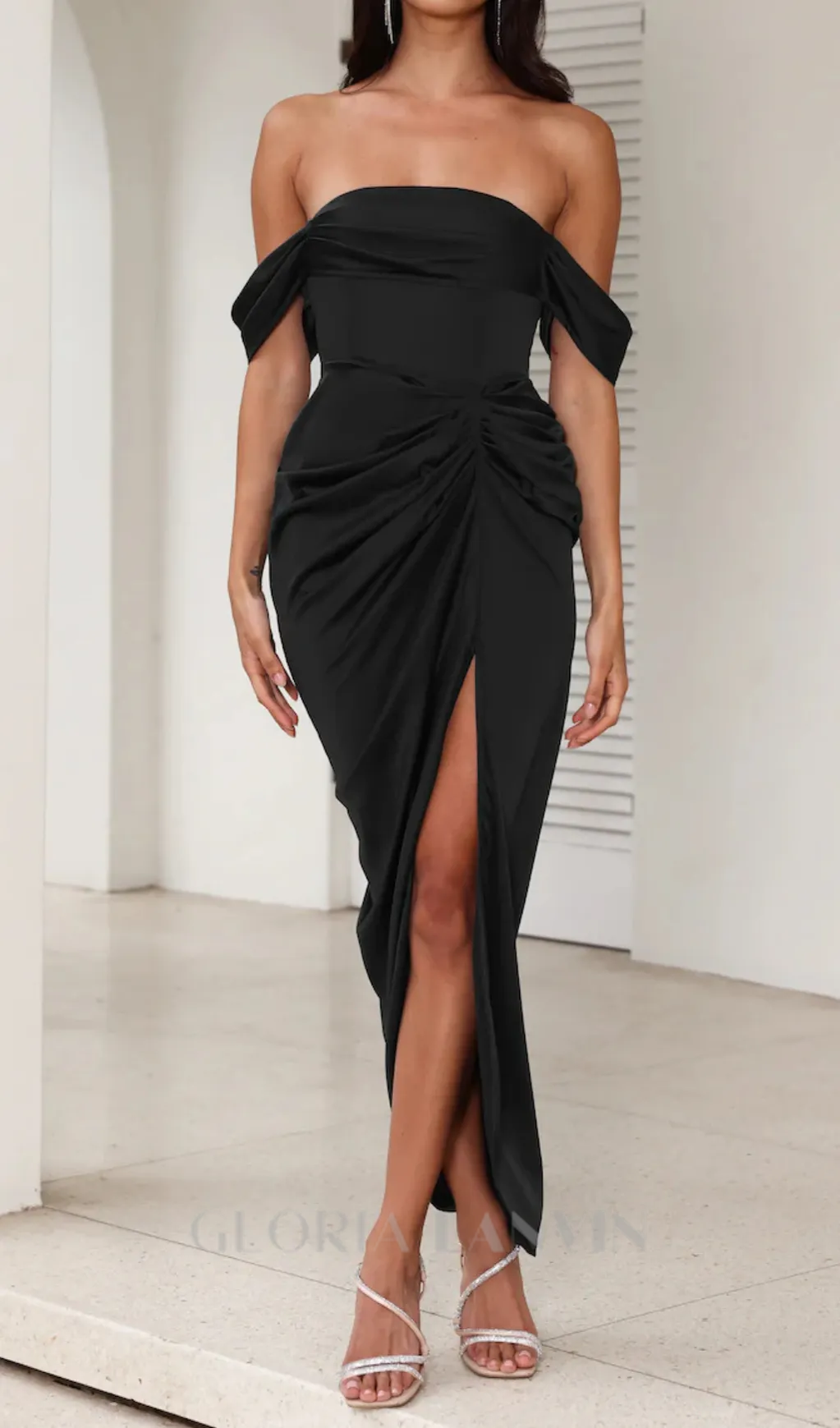 strapless satin midi dress in black Gloria Lanvin