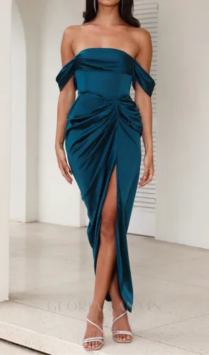 strapless satin midi dress in teal Gloria Lanvin