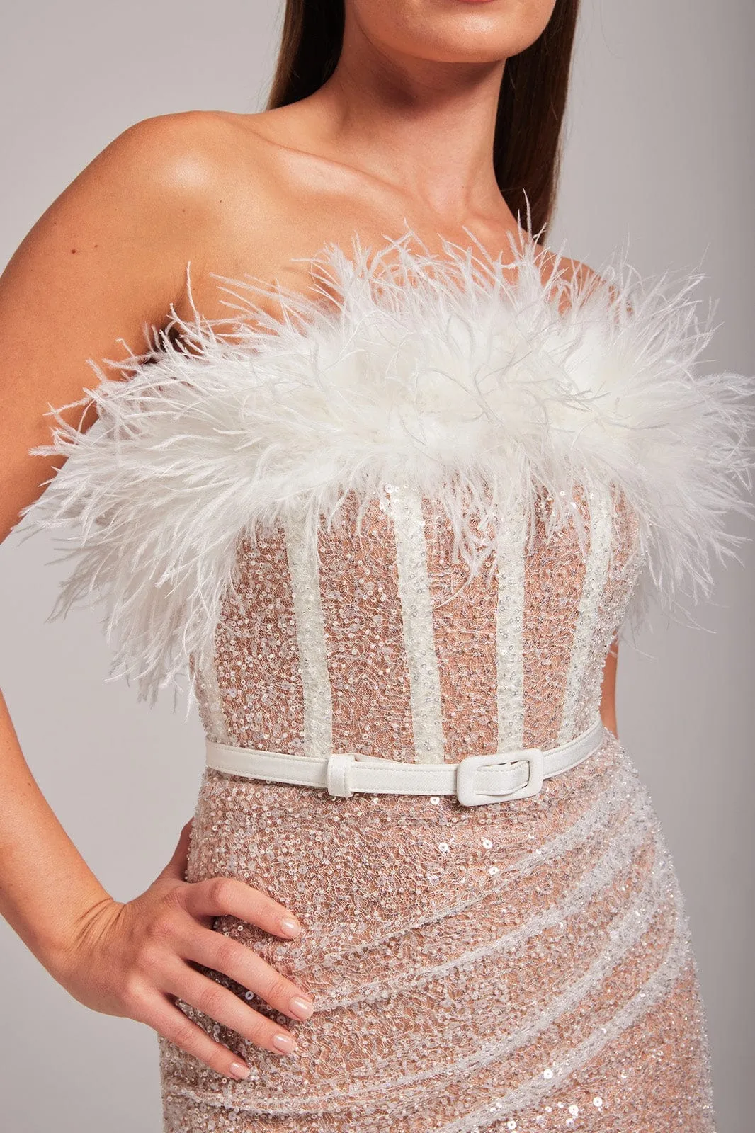 STRAPLESS SEQUIN FEATHER MINI DRESS Gloria Lanvin
