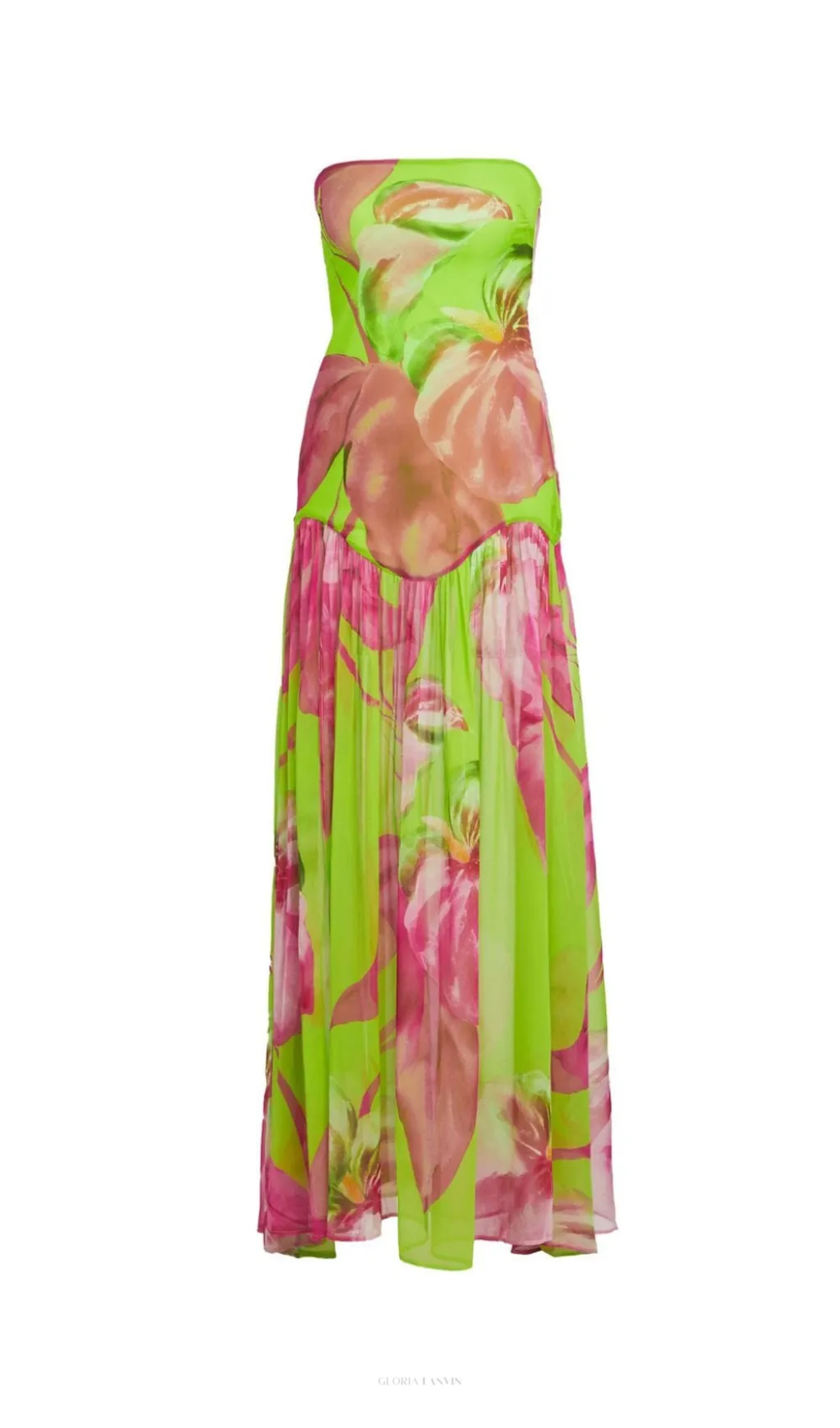 STRAPLESS SILK MAXI DRESS IN LIME ANTHURIUM Gloria Lanvin