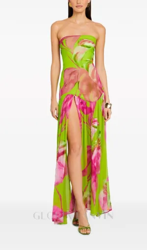 STRAPLESS SILK MAXI DRESS IN LIME ANTHURIUM Gloria Lanvin