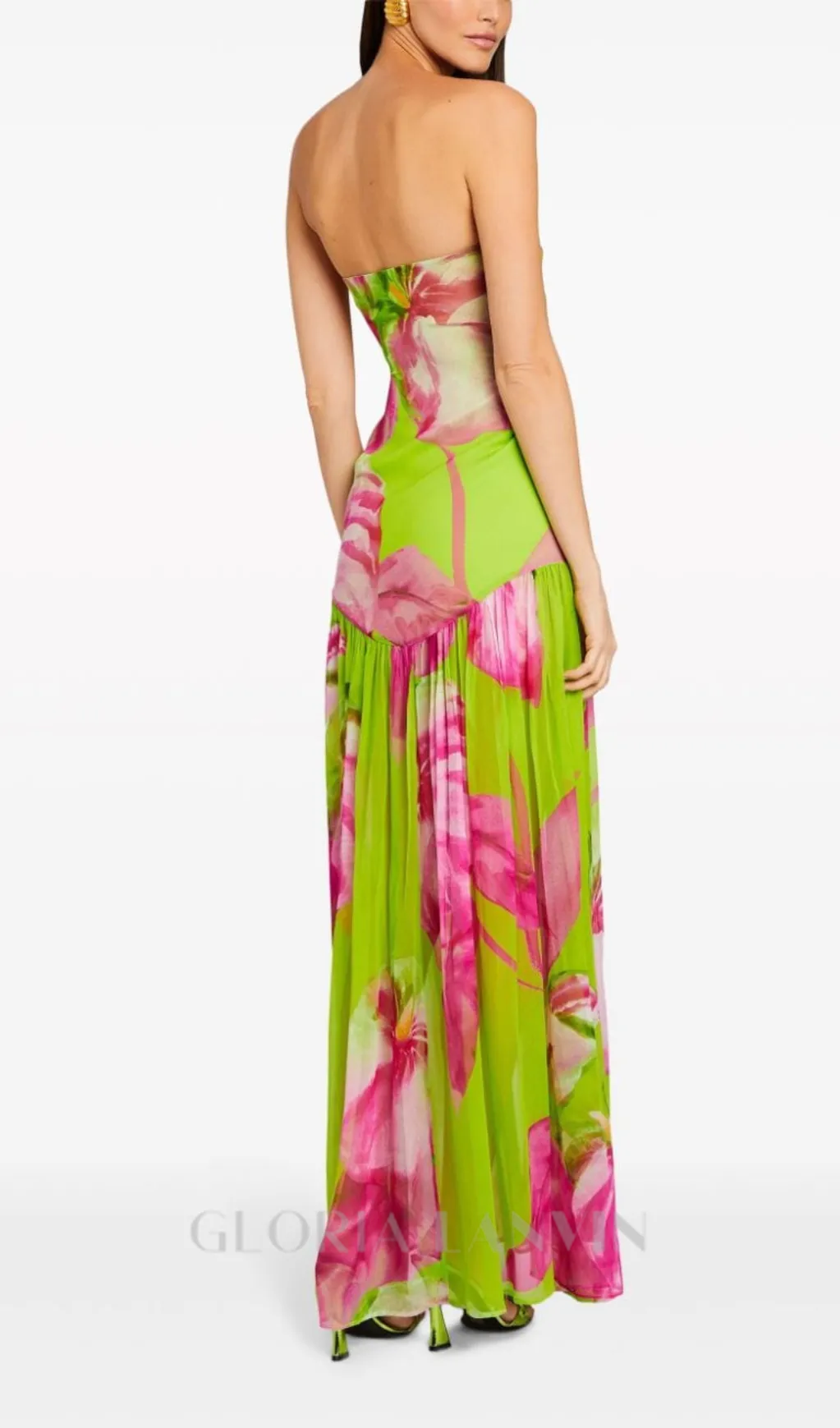 STRAPLESS SILK MAXI DRESS IN LIME ANTHURIUM Gloria Lanvin