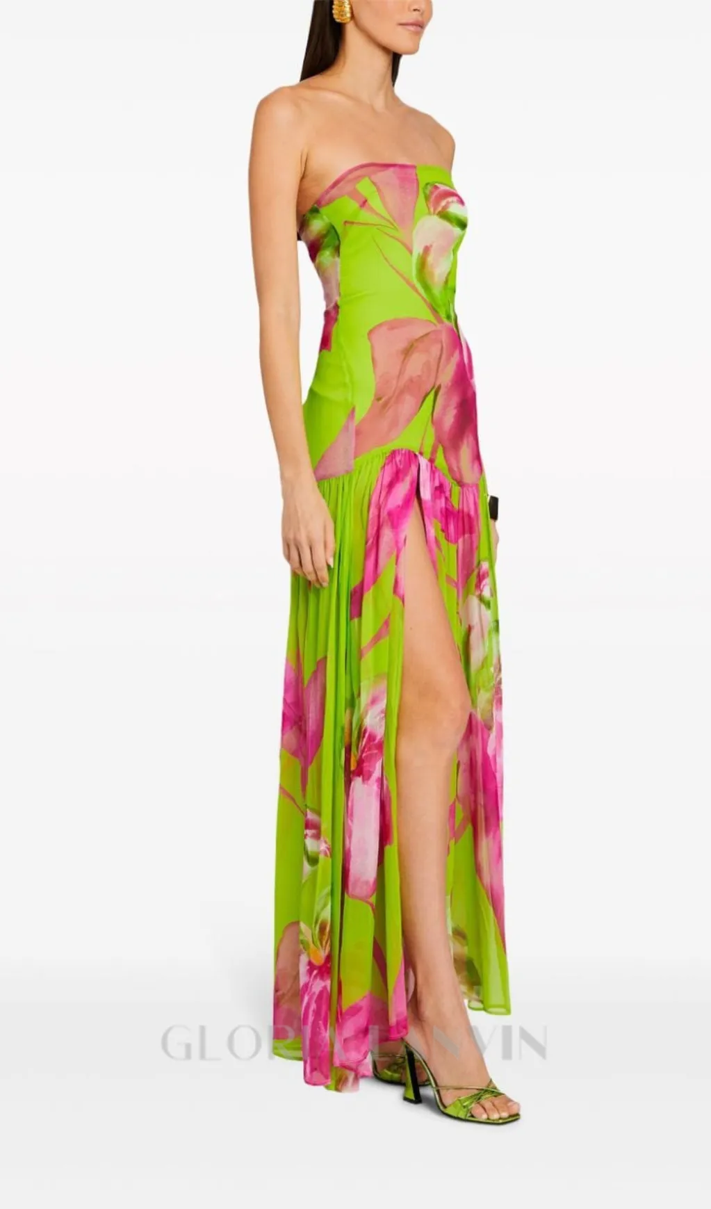 STRAPLESS SILK MAXI DRESS IN LIME ANTHURIUM Gloria Lanvin