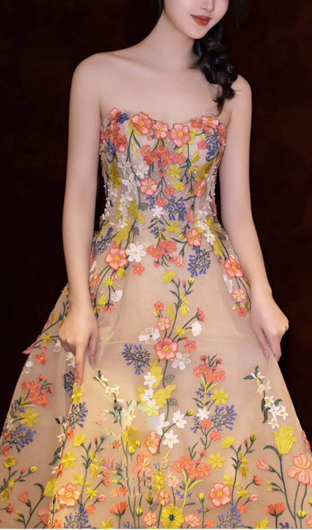 STRAPLESS TEA LENGTH FLORAL MIDI DRESS Gloria Lanvin