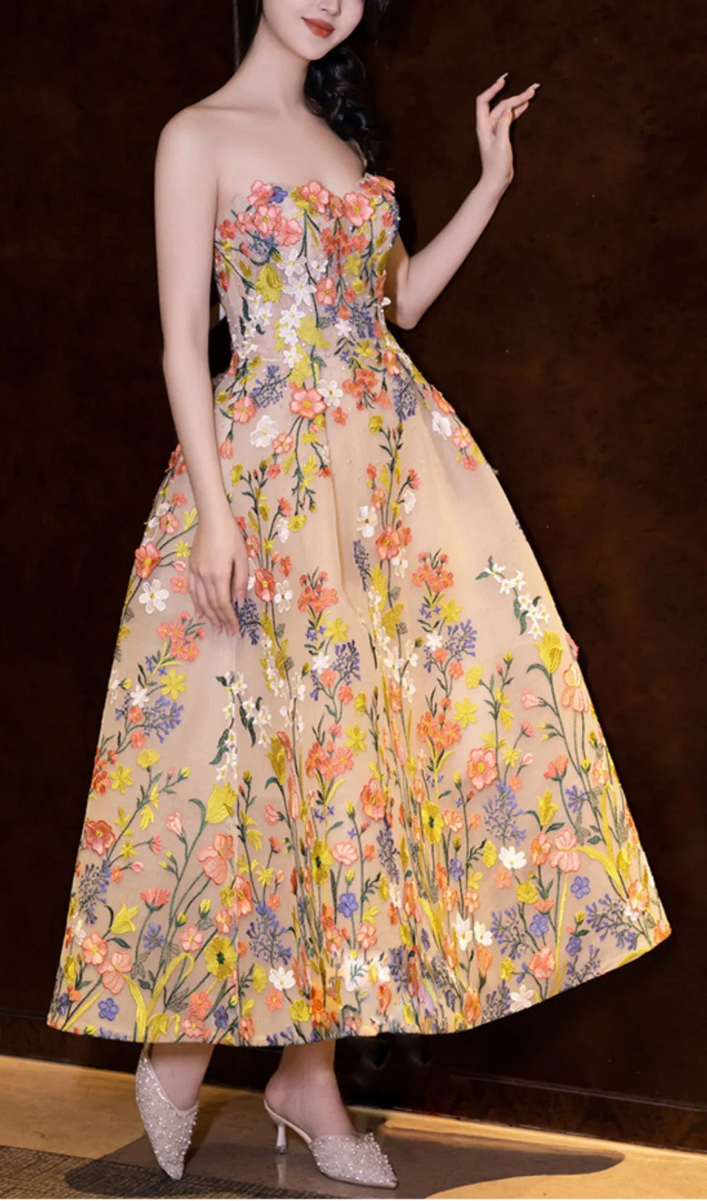 STRAPLESS TEA LENGTH FLORAL MIDI DRESS Gloria Lanvin