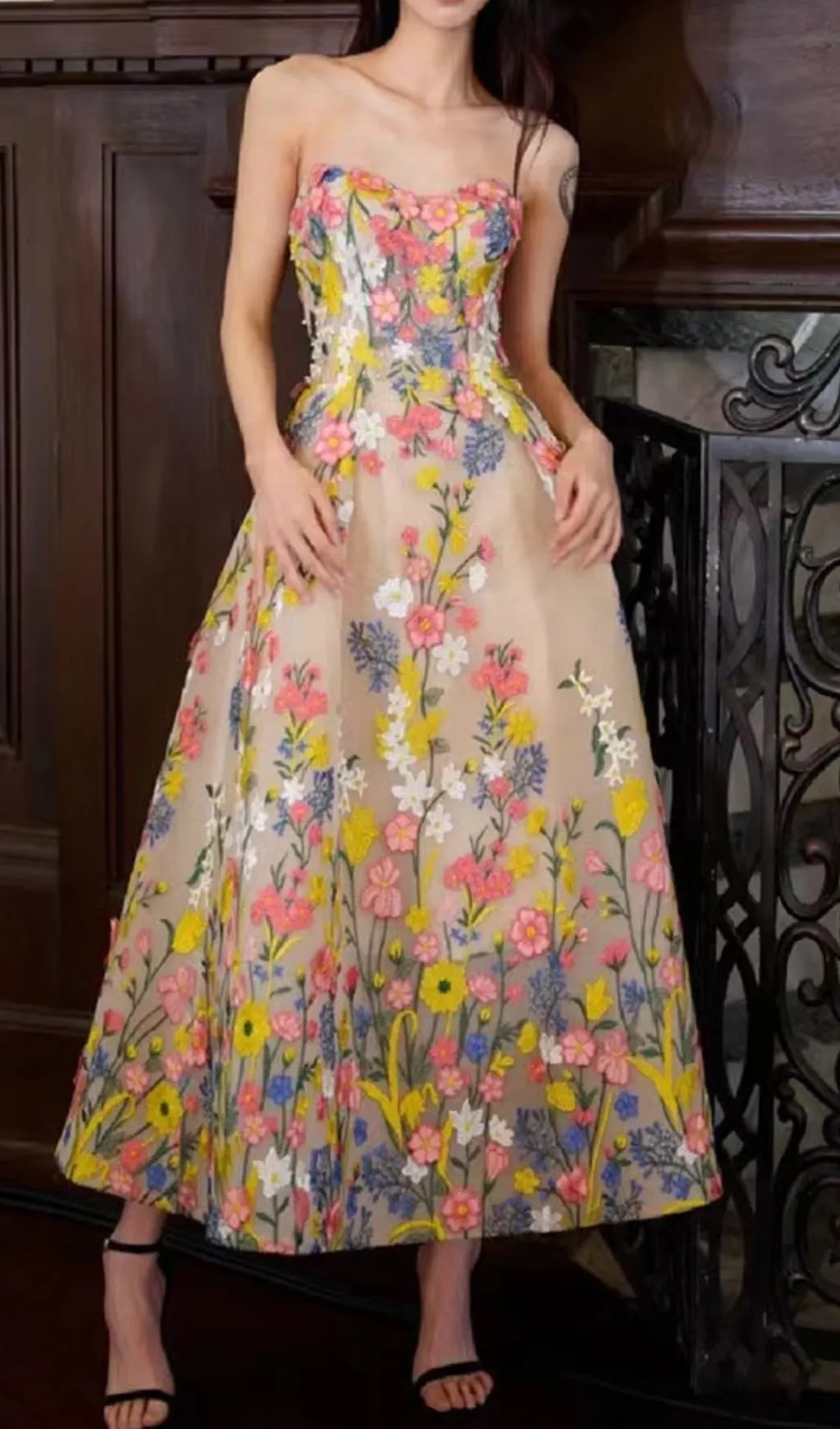 STRAPLESS TEA LENGTH FLORAL MIDI DRESS Gloria Lanvin