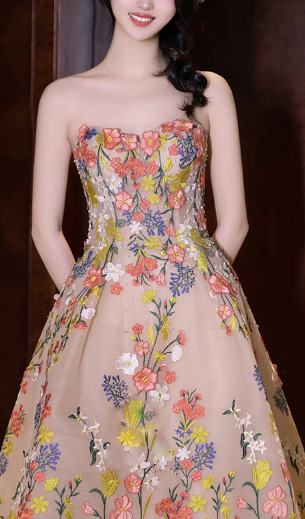 STRAPLESS TEA LENGTH FLORAL MIDI DRESS Gloria Lanvin