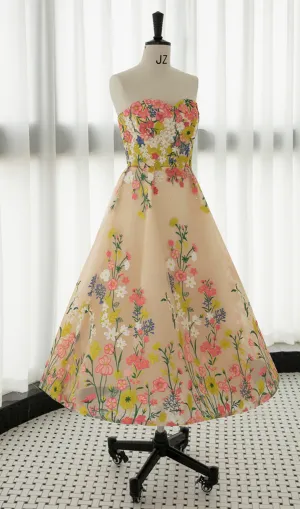 STRAPLESS TEA LENGTH FLORAL MIDI DRESS Gloria Lanvin