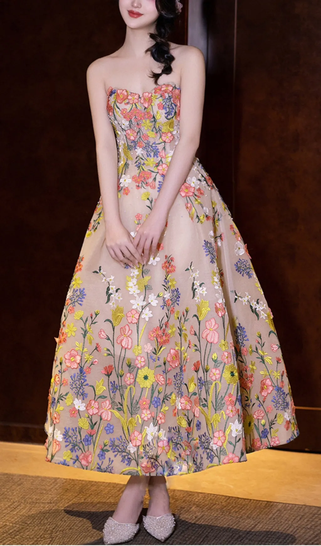 STRAPLESS TEA LENGTH FLORAL MIDI DRESS Gloria Lanvin