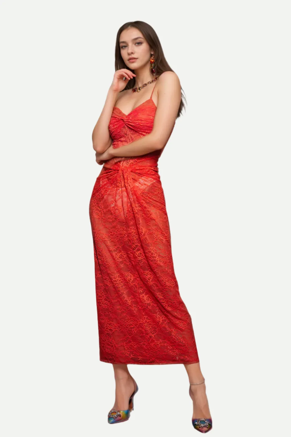 STRAPLESS TWISTED LACE DRESS IN ORANGE Gloria Lanvin