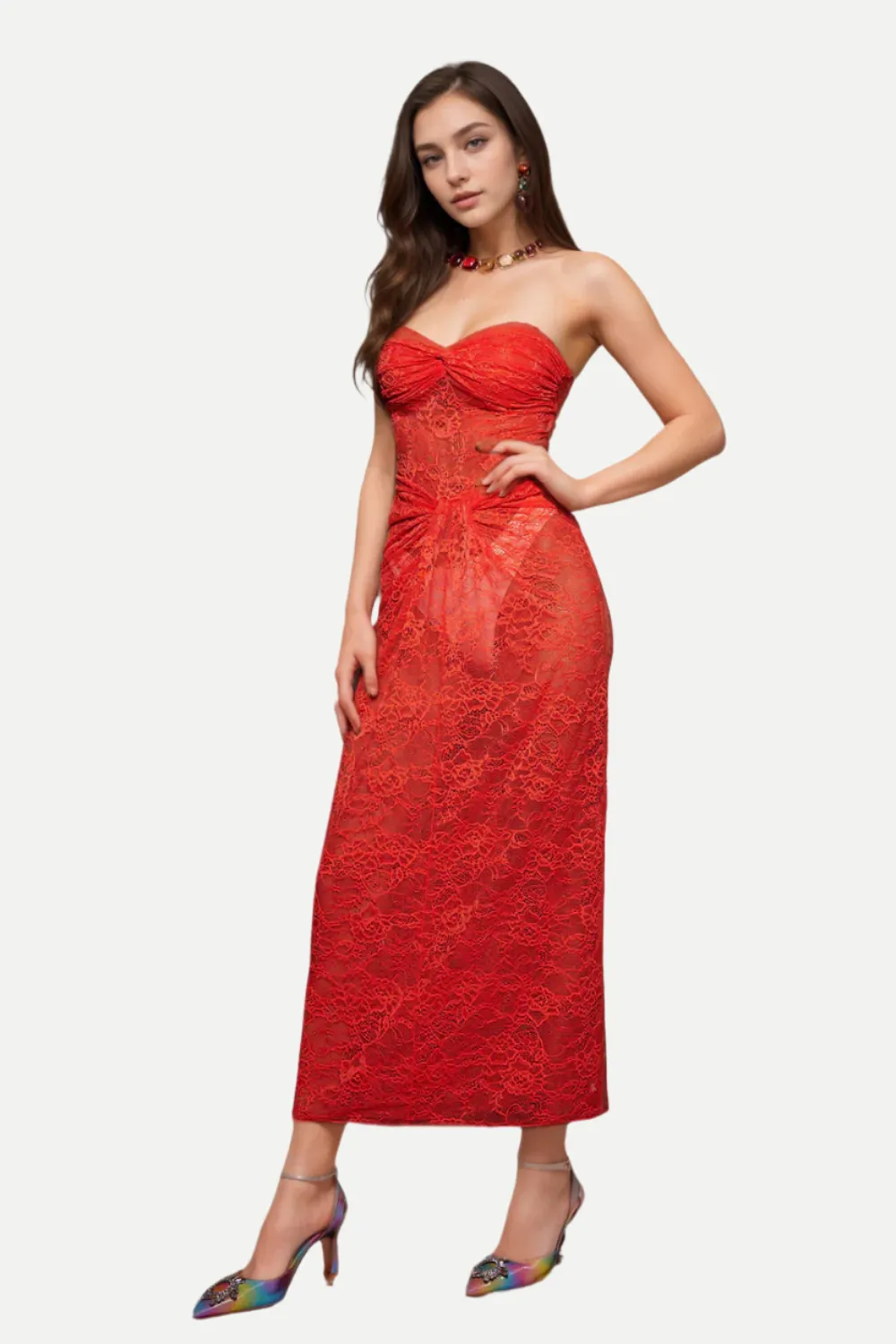 STRAPLESS TWISTED LACE DRESS IN ORANGE Gloria Lanvin