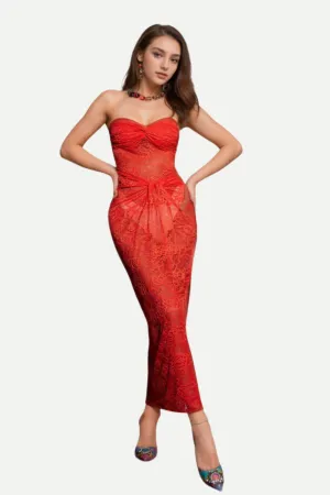 STRAPLESS TWISTED LACE DRESS IN ORANGE Gloria Lanvin