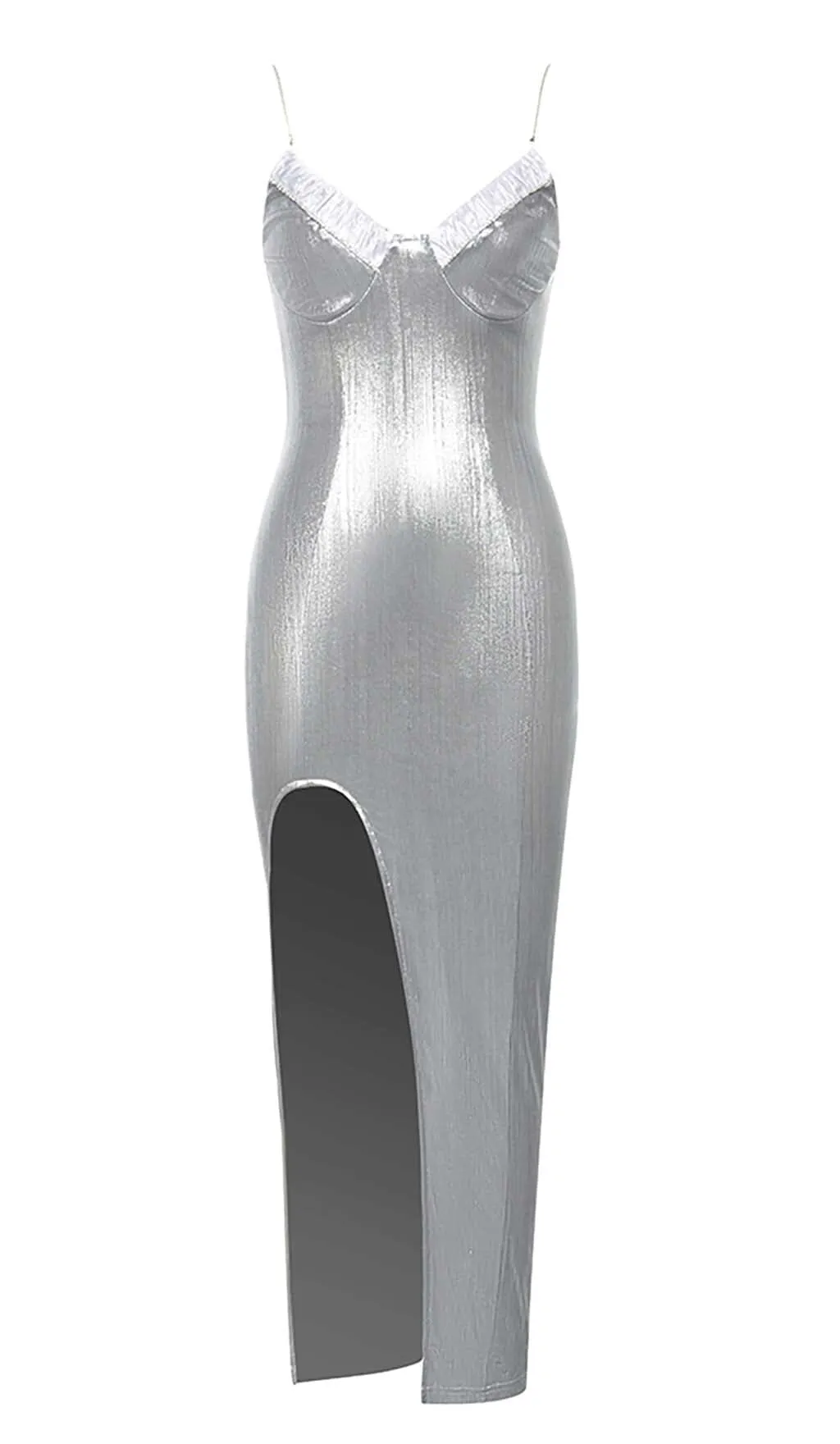 STRAPPY SPILT MIDI DRESS IN METALLIC SILVER Gloria Lanvin