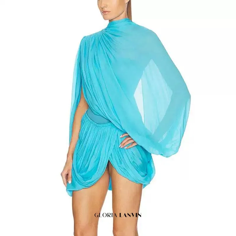 susanna Long Sleeve Fold Splice Mini Dress in blue Gloria Lanvin
