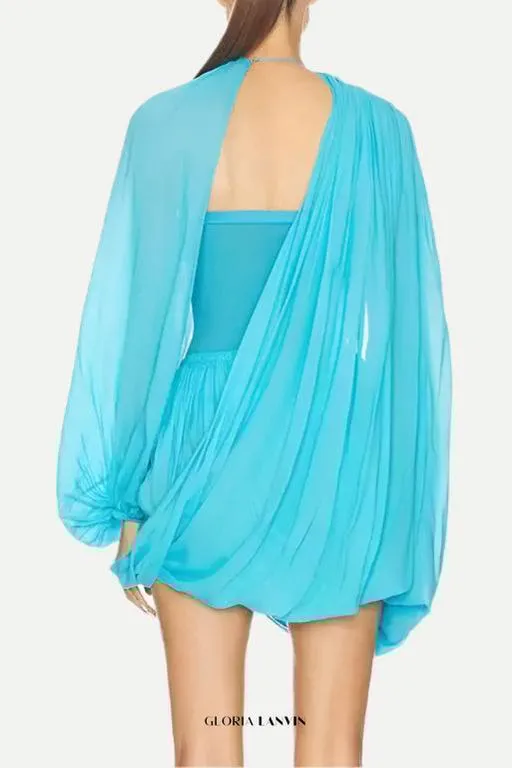 susanna Long Sleeve Fold Splice Mini Dress in blue Gloria Lanvin